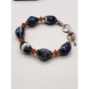 Vintage BJ Sterling Silver Lapis Lazuli And Carnelian Toggle Bracelet 7-7.5"